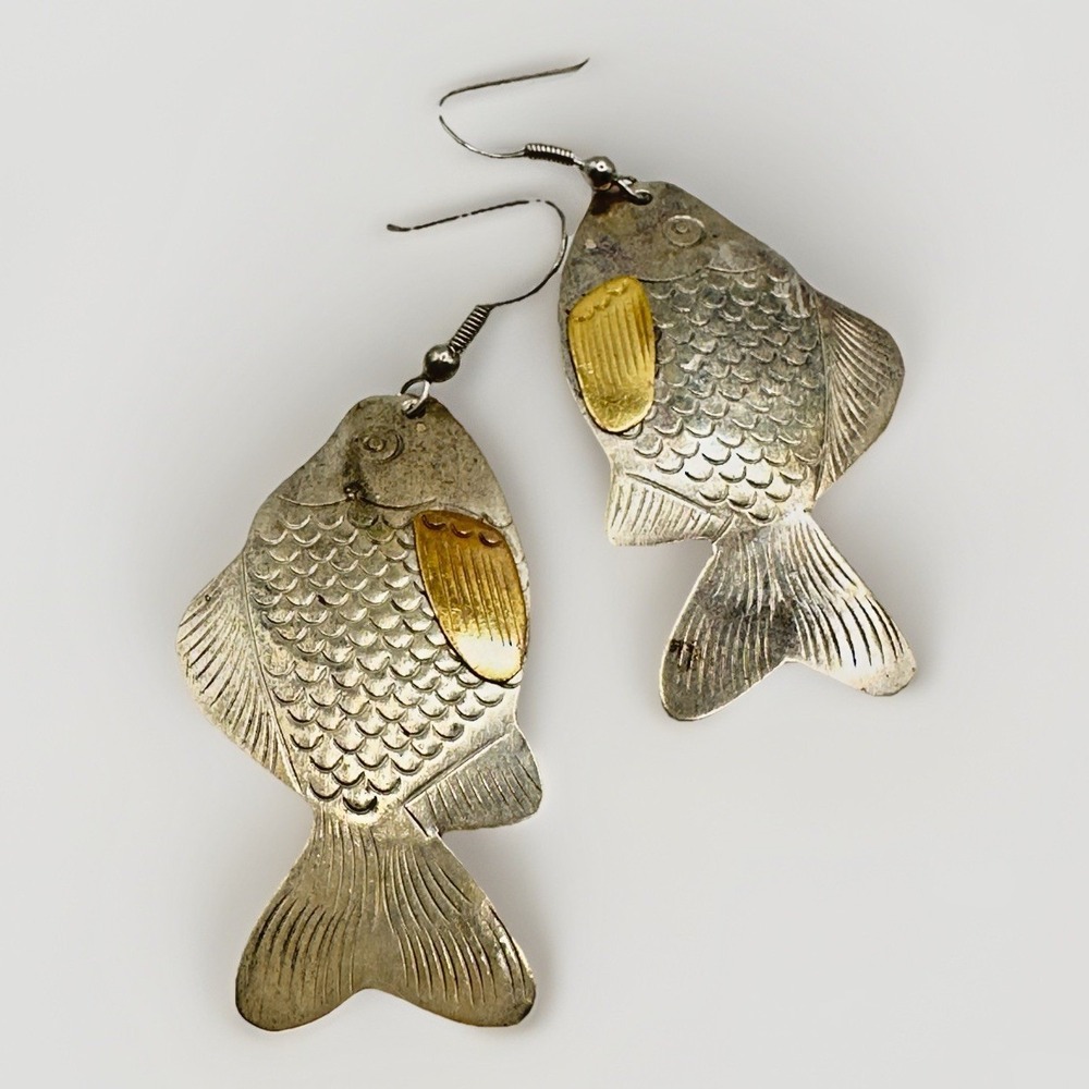 Vintage Fish Dangle Hook Earrings Silver Tone Brass 2 Tone Engraved 2.5" Studio